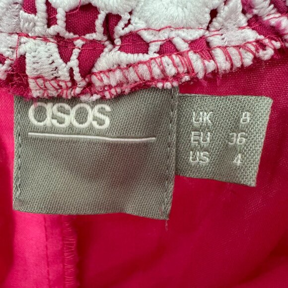 ASOS Off Shoulder Mini Dress 4 Embroidered Floral Crochet Lace Boho Hot Pink - Picture 3 of 11